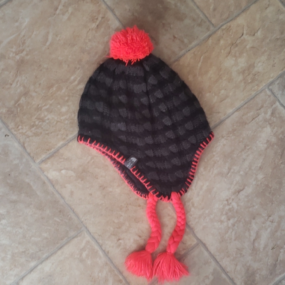 Girls North Face Cozy Black, Gray and Pink / Orange Kids Winter Hat, Size Medium